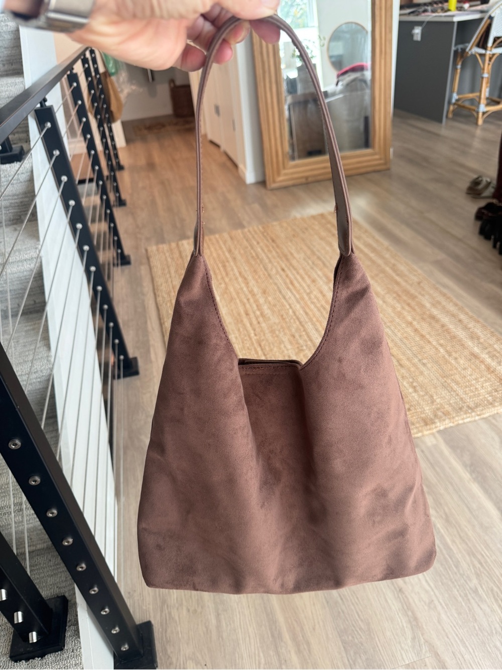 Faux Suede Slouchy Hobo Bag with Cosmetic Bag Insert - Caramel - OS